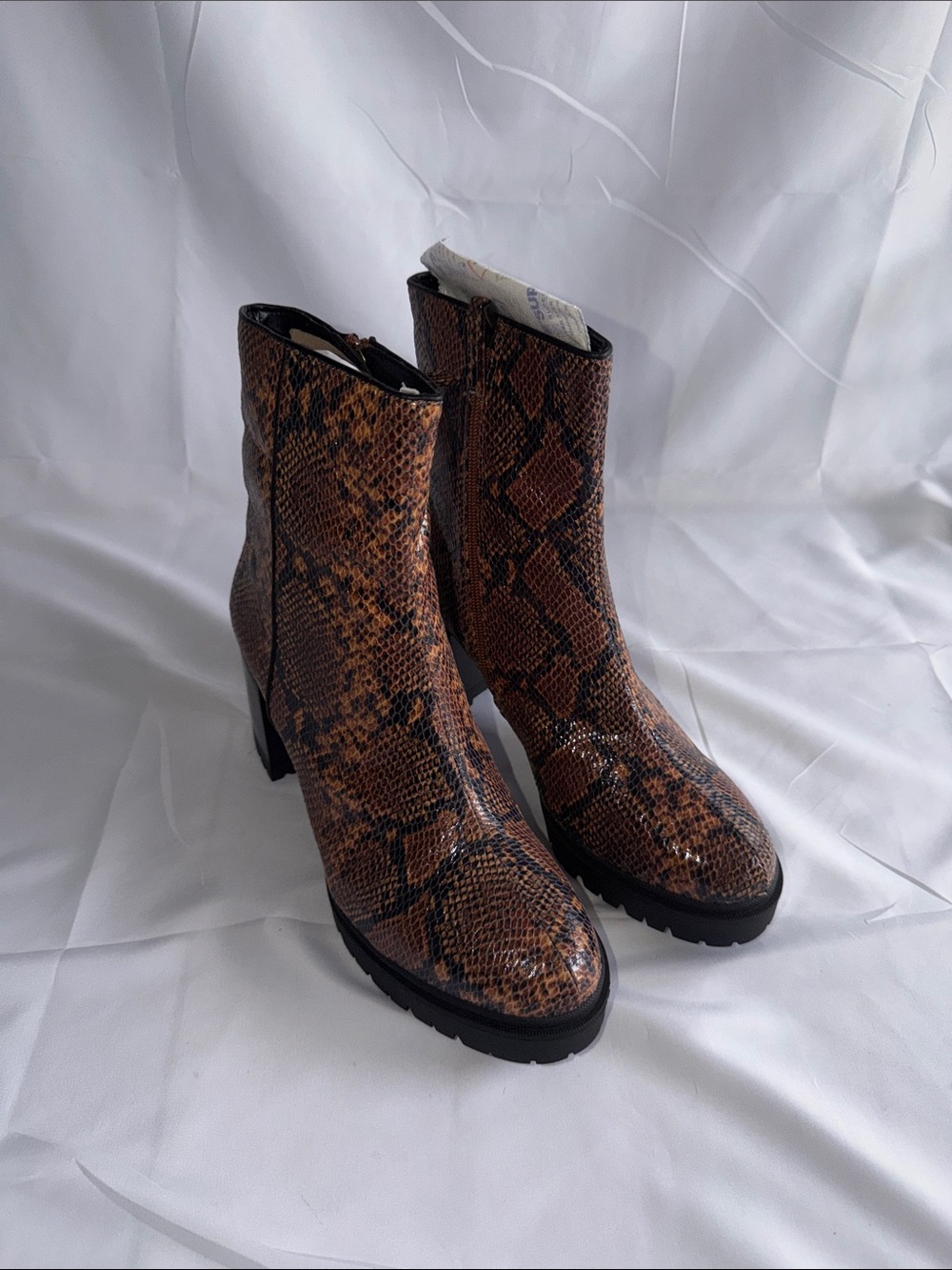 Aerosoles Ellie Brown Snake Print Faux Leather Block Heel Lug Sole Ankle Booties